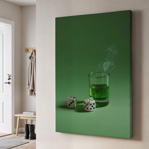 Grüne Absinth-Würfel Leinwand Wandkunst, stimmungsvolles minimalistisches Bar-Dekor, moderner Rauchglas-Druck, gerahmtes Geschenk für Spielzimmer oder Cocktail-Liebhaber