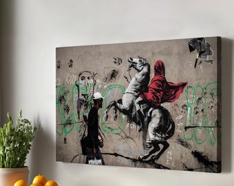 Pintura en lienzo de Napoleón pasando por los Alpes de Banksy, impresión en lienzo callejero, regalos de inauguración de la casa, arte mural en lienzo callejero, arte mural grande