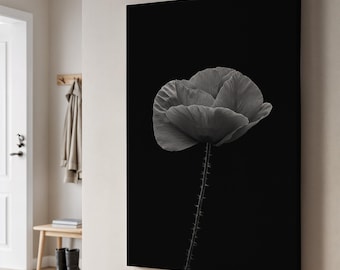 Black Background Flower Canvas Art, Minimalist Line Botanical Print, Elegant Dark Wall Decor, Modern Monochrome Gift For Stylish Homes