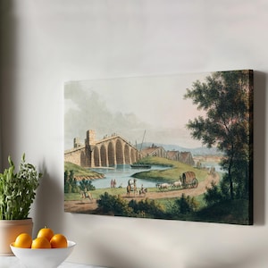 Könnte beinhalten: Ein Aquarellbild, das eine Steinbrücke mit mehreren Bögen über einem Fluss zeigt. Die Brücke ist von grünen Bäumen umgeben und ein paar Leute gehen über die Brücke. Auf der Straße, die zur Brücke führt, sind auch einige Pferde und Wagen zu sehen.