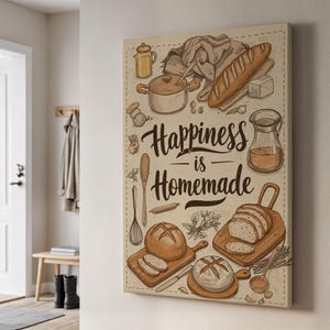 Happiness is Homemade Kitchen Wall Art, Rustic Bread Baking Canvas, Farmhouse Quote Print, Cozy Home Decor, Housewarming Gift for Foodies