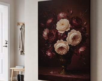 Vintage Dark Floral Canvas, Baroque Oil Painting Style Rose Wall Art, Moody Romantic Décor, Elegant Still Life Gift For Her, Classic Home