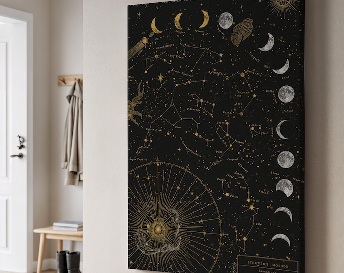 Celestial Moon Phase Canvas Art, Gold Constellation Night Sky Print, Mystical Astrology Wall Decor, Elegant Framed Gift for Star Lovers