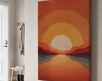 Abstract Sunset Canvas Art, Retro Mountain Landscape, Modern Wall Decor