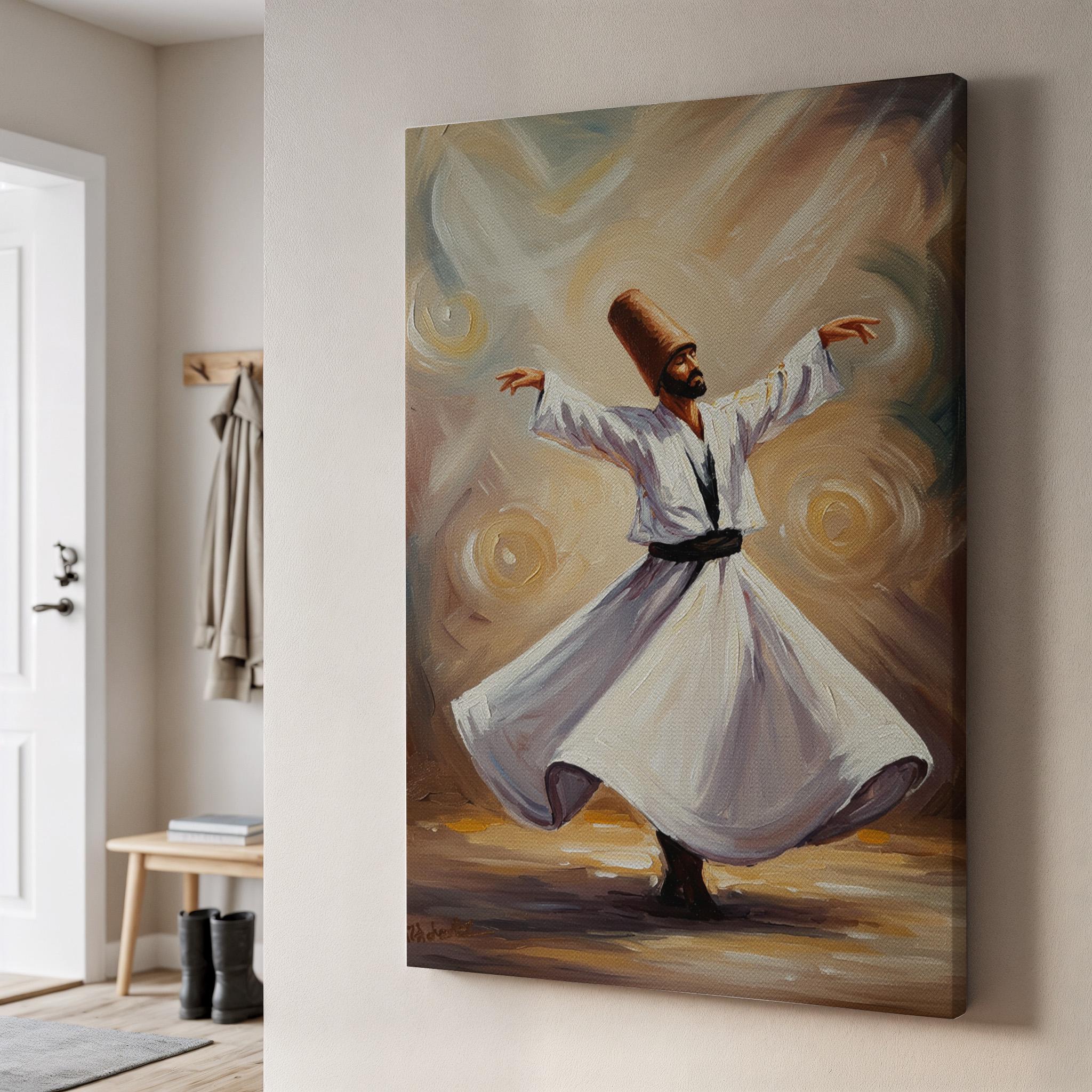 Sufi Whirling Dervish Canvas Art, Turkish Mystic Painting, Framed