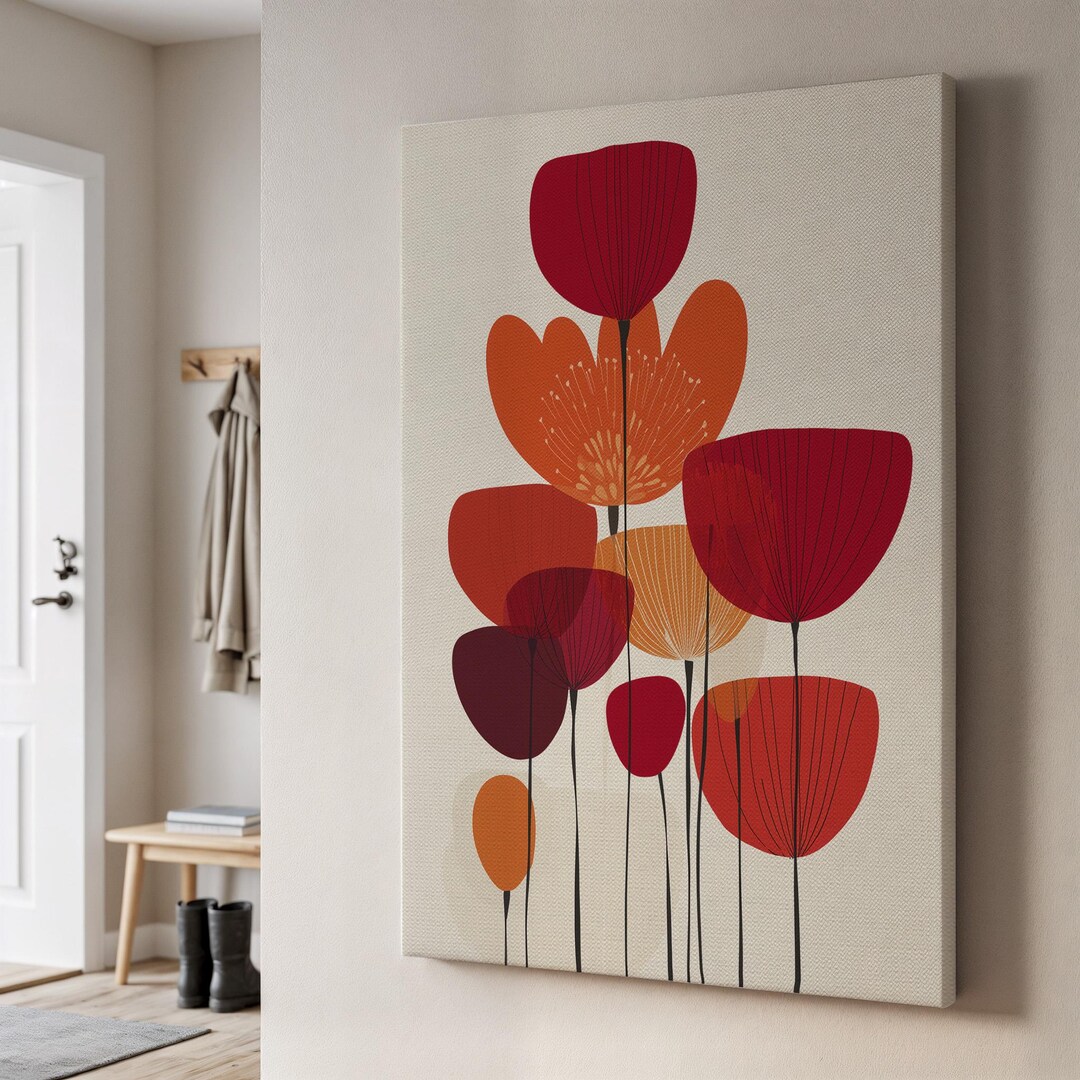 Modern Floral Canvas Art, Bold Red and Orange Abstract Flower Design ...