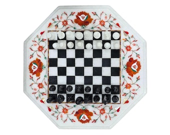 Marble Chess Board with Pietra Dura Art, Handmade Inlay (15"x15")