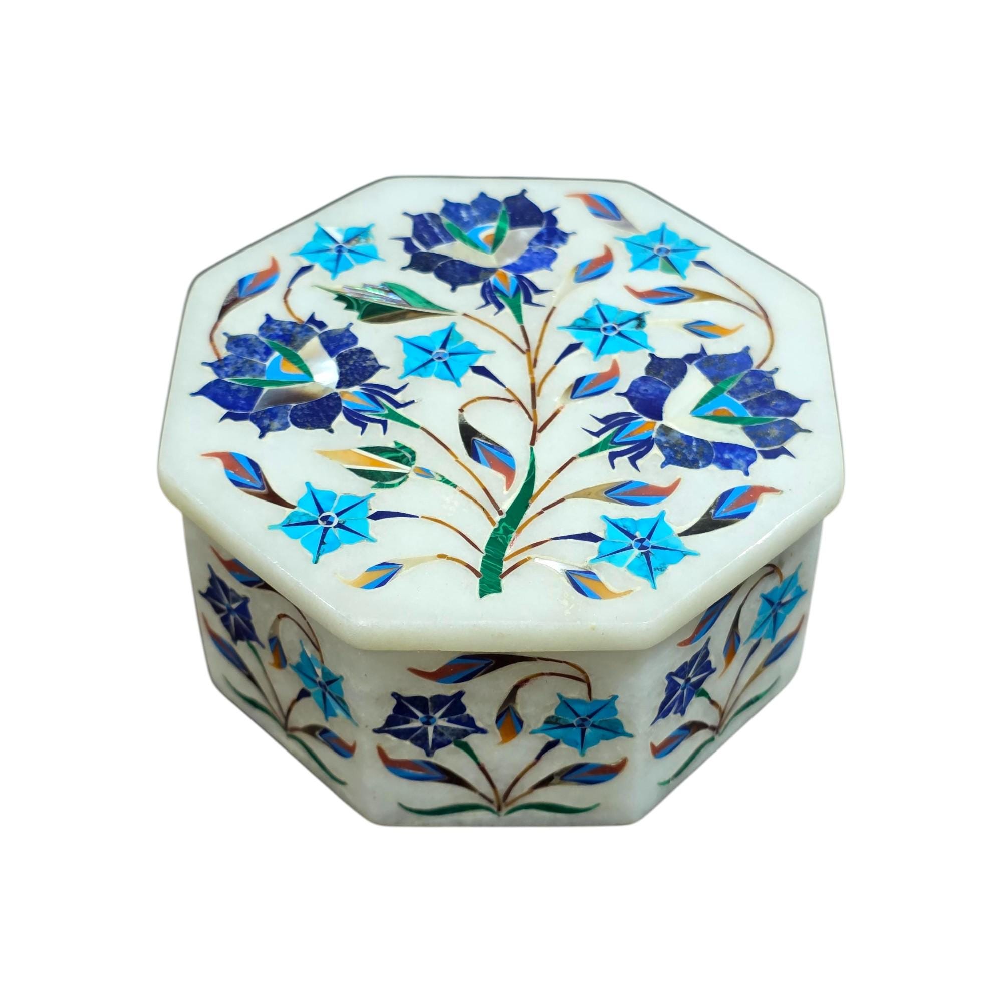 大理石の宝石箱　宝箱　インド　細工　花模様 花模様の石象嵌大理石ジュエリーボックス - 手作りの記念品収納 - Etsy