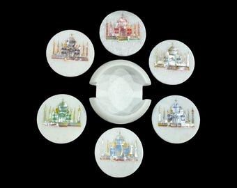 Set di sottobicchieri in marmo intarsiato fatti a mano, sottobicchieri per bevande in pietra floreale Agra