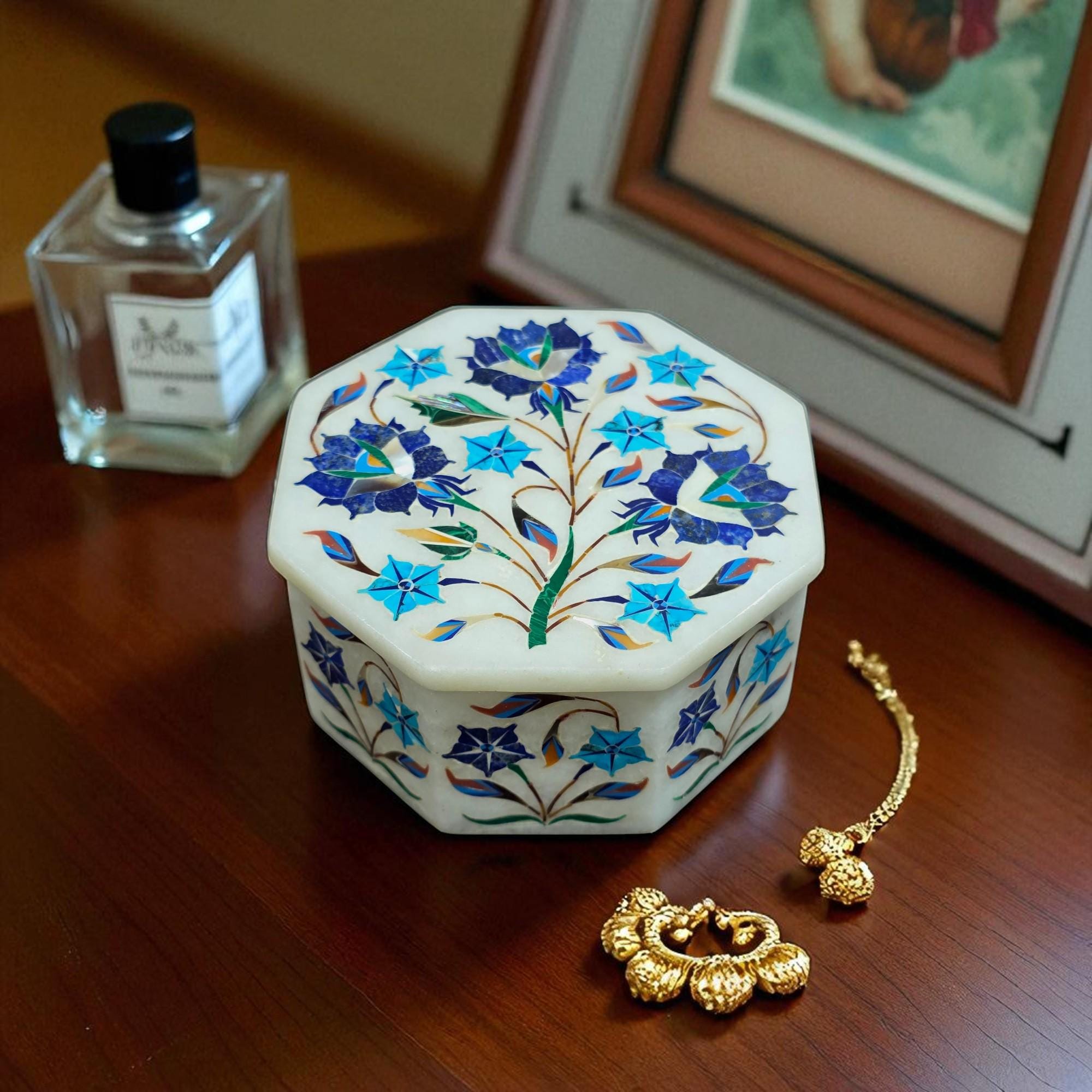 花模様の石象嵌大理石ジュエリーボックス - 手作りの記念品収納 - Etsy