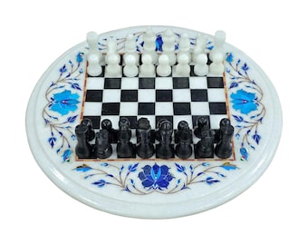 Handmade Marble Inlay Chess Table with Stone Chess Pieces