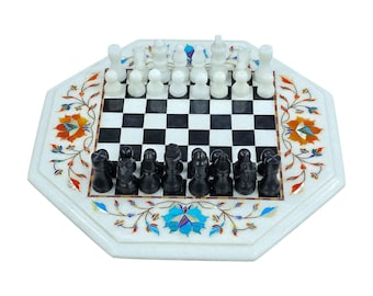 Handmade Marble Inlay Chess Table, Semi Precious Stone Chessboard, 12" Coffee Table