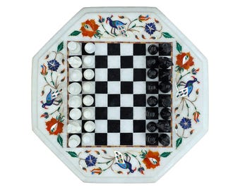 12" Handmade Marble Inlay Chess Set – Gemstone Board Game,