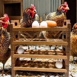 May include: A wooden egg storage rack with three tiers, each holding 12 eggs. The rack is filled with white eggs and is surrounded by brown and white chickens.