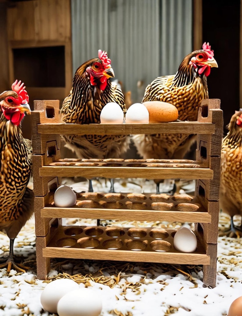 May include: A wooden egg storage rack with three tiers, each holding 12 eggs. The rack is filled with white eggs and is surrounded by brown and white chickens.