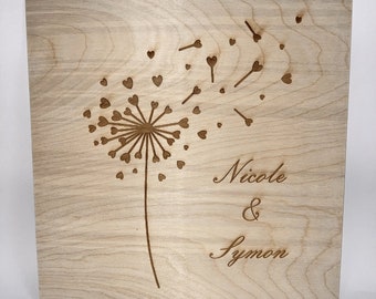 You Blow Me Away Heart-Dandelion Wood Engraving with Couple Names