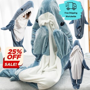 Oversized Hooded Wearable Cartoon Shark Costume Flannel One-Piece Shark  Blanket Super Soft Cozy Shark Blanket Onesie for Adult