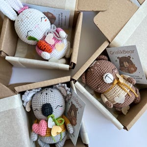 Può includere: Tre giocattoli di animali all'uncinetto in scatole di cartone aperte. Sono visibili un coniglietto bianco con un fiocco rosa, un orso marrone e un koala grigio. Ogni giocattolo ha un cuore ed è confezionato con una piccola carta "GrizlikBear".