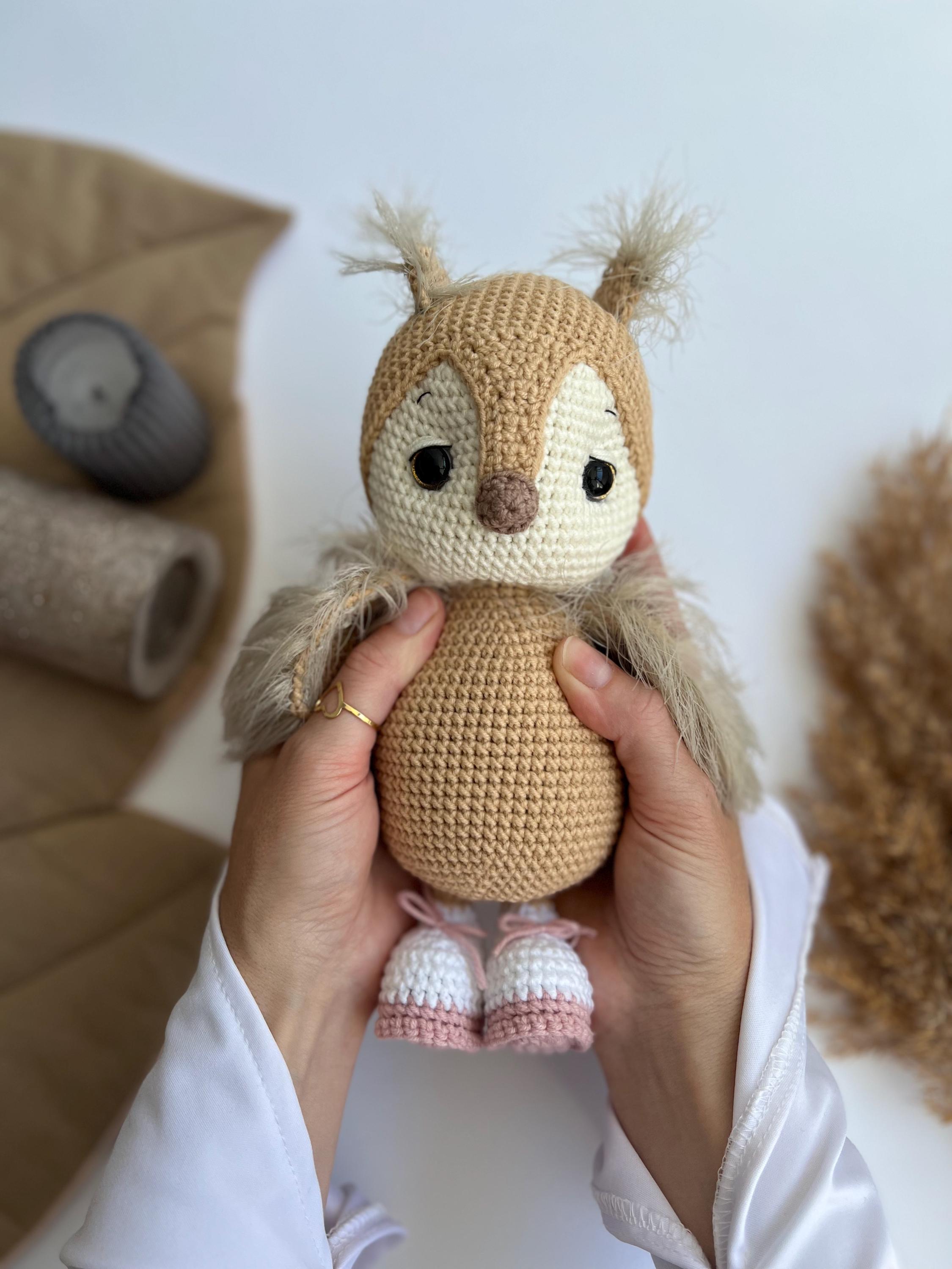 Organic plush owl toy, crochet owl amigurumi, bird lover gift, handmade soft stuffed baby toys, teac