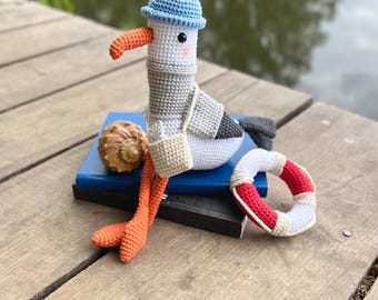 Sustainable crochet seagull toy, custom amigurumi bird, nautical nursery toy, soft stuffed bird, toddler nursery decor, 3 year old baby gift