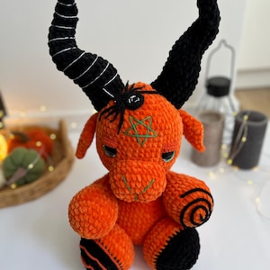 Orange crochet Halloween Baphomet, gothic nursery decor, handmade Baphomet amigurumi, satanic crochet toy, first Halloween gift