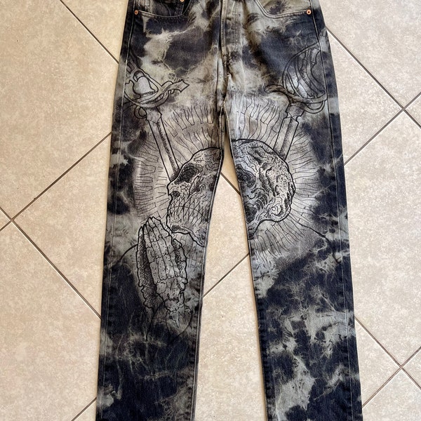 Hand-drawn Skull & Swords Bleached Denim, Hand Painted Reworked Jeans, paint custom art upcycled streetwear hypebeast gift boys men pants