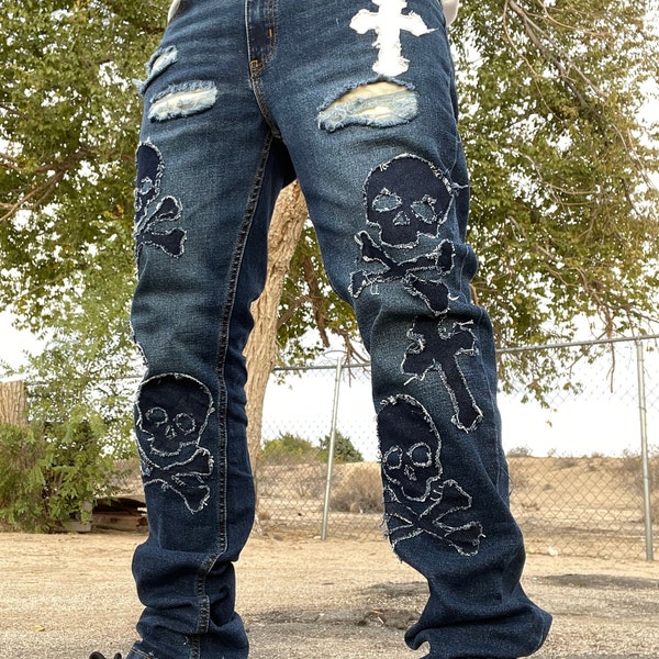 Skull And Bones Reworked Jeans, skeleton patch custom denims upcycled upcycling streetwear hypebeast gift for boys men cool pants distressed