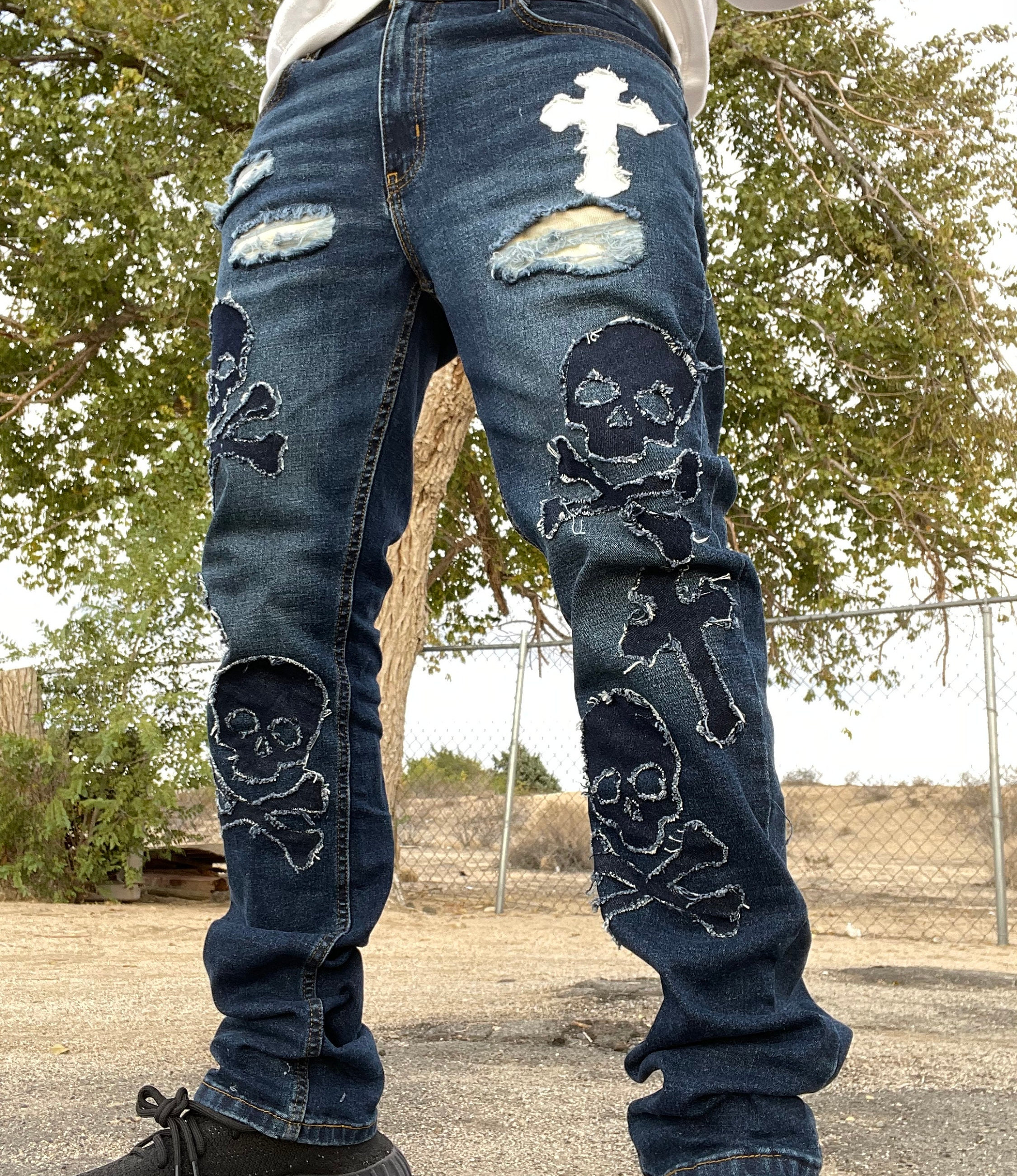 Skull print skeleton bones hand-painted loose straight fit jeans - NOW  MILLENNIAL