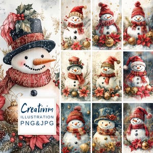 10 JPG Muñeco de nieve, postal navideña imprimible, tarjetas digitales navideñas, clipart de muñeco de nieve, impresión de muñeco de nieve, uso comercial