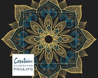 Gold Glitter Mandala Clipart, Blue Floral Design (PNG Digital Download)