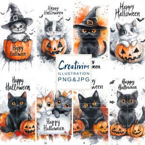 8 JPG chat noir Halloween, carte postale d'Halloween à imprimer, cartes numériques Halloween, Clipart Halloween, impression Halloween, usage Commercial