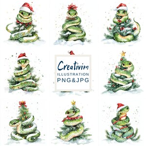 9 JPG de cobra de Natal, impressão de Natal, clipart de cobra verde, cartão de Natal, decoupage de Natal, 12x12 polegadas, 300 dpi, uso comercial