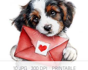 Watercolor Puppy Valentine Art Print, Dog with Love Letter (10 JPGs, 300 DPI)