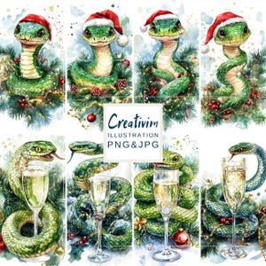 9 JPG Weihnachtsschlange, Weihnachtspostkarte druckbare, digitale Weihnachtskarten, grüne Schlange Clipart, grüne Schlange Druck, kommerzielle Nutzung