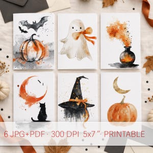 Puede incluir: Seis tarjetas de felicitación rectangulares con ilustraciones en acuarela de temas de Halloween, incluyendo una calabaza con murciélagos, un fantasma con un lazo naranja, un caldero, un gato negro bajo una luna naranja, un sombrero de bruja y una calabaza con una luna creciente. Texto: 6 JPG+PDF 300 DPI 5x7" PRINTABLE.