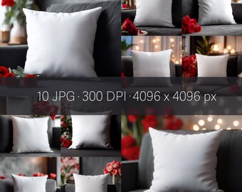 May include: A collection of ten white square pillows arranged on a dark gray sofa. The pillows are displayed in various settings with red roses and soft lighting. The image includes text: 10 JPG, 300 DPI, 4096 x 4096 px.