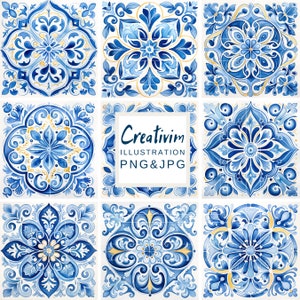Könnte beinhalten: Neun blaue und weiße Aquarellfliesen mit komplizierten floralen Mustern. Die Fliesen sind in einem 3x3-Raster angeordnet. Die mittlere Fliese trägt den Text "Creativim ILLUSTRATION PNG & JPG".