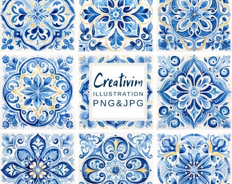 9 Blue and Yellow Mediterranean Spanish Tile, 12x12&quot; 300 dpi, Printable, High Quality, Ceramic Tile, Spanish Tile Clipart, commercial use
