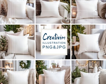 May include: A collage of nine images featuring white throw pillows on a sofa in a variety of settings. The pillows are arranged in different positions and are surrounded by various decorative elements, such as candles, plants, and Christmas lights. The text "Creativim ILLUSTRATION PNG & JPG" is displayed in the centre of the collage.