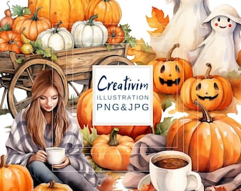Watercolor Pumpkin Clipart, Autumn Fall Halloween PNG (Digital Download)