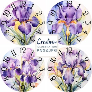 May include: Four round clock faces with purple iris flowers and green leaves. The clock faces have black numbers 1 through 12.