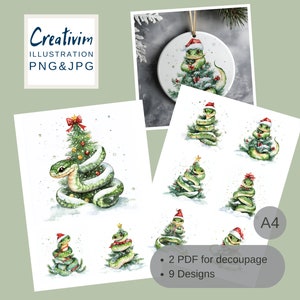 2 Papel Decoupage de Natal, Cobra de Natal PDF, Natal para imprimir, Desenhos de Natal, Cobra Verde para decoupage, Scrapbooking de Natal