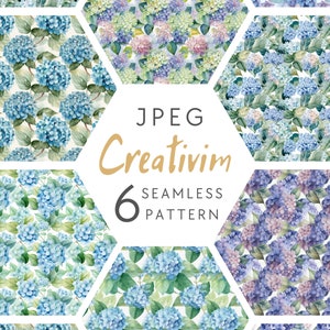 6 Watercolor Hydrangea Seamless Pattern, Hydrangea Pattern, Flower Pattern, Floral Pattern, Digital Paper, Commercial use