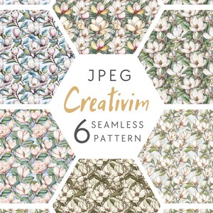 Op de afbeelding: Zes naadloze patronen met aquarel illustraties van witte magnolia bloemen met groene bladeren. De patronen zijn gerangschikt in een zeshoekige vorm met de tekst "JPEG Creativim 6 Seamless Pattern" in het midden.