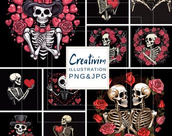May include: A set of nine digital illustrations featuring skeletons in various poses, including holding hearts, making heart shapes with their hands, and surrounded by roses and hearts. The illustrations are in a vintage style and are perfect for Valentine's Day or other romantic occasions.