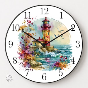 4 afdrukbare wijzerplaten met vuurtorenmotief, 12 inch wandklok met kustthema, wijzerplaat met oceaanmotief (decoupage), JPG PDF download