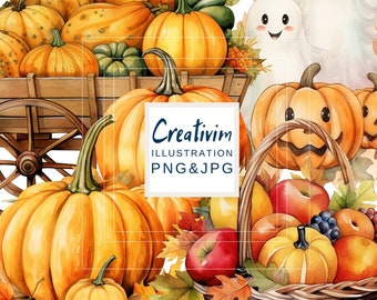 Watercolor Autumn Pumpkin Clipart, Fall Halloween PNG (Commercial Use)