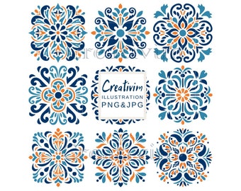 9 Mexican tile PNG, JPEG Mexican tiles, digital paper Mexican tile, Deep Blue and Light Blue Digital Paper, instant download Commercial Use