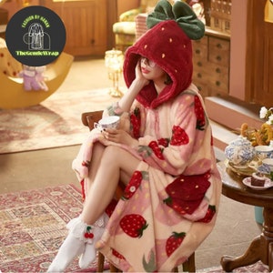 Strawberry Hoodie Blanket Robe | Casual Cotton Fleece Long Sleeves | Home Wear