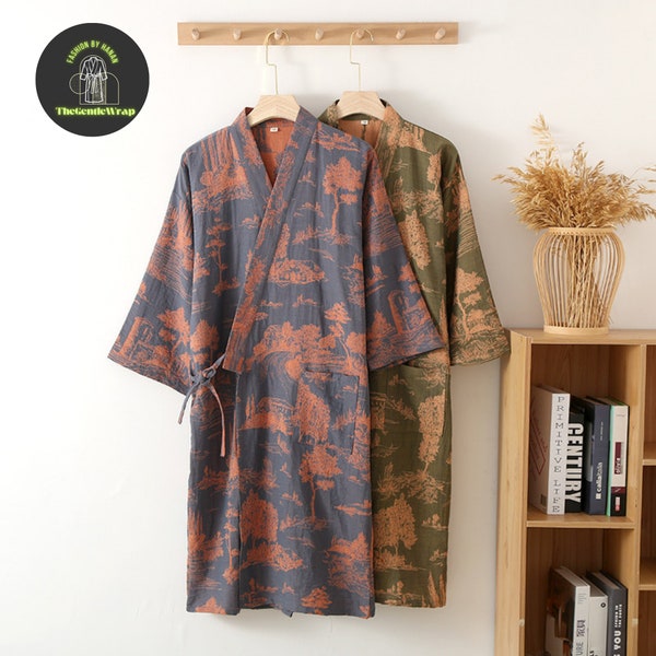 Kimono Robe | Blue Green Colors Printed | Cotton Bohemian Yukata | Mens Large Attire